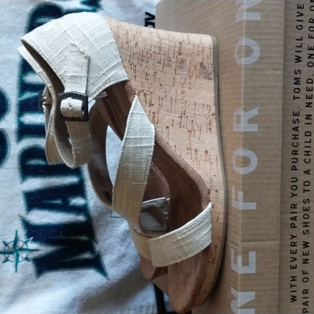 Toms Beige Linen Cork Wedges - Clarissa Size 8.5 - Picture 3 of 8